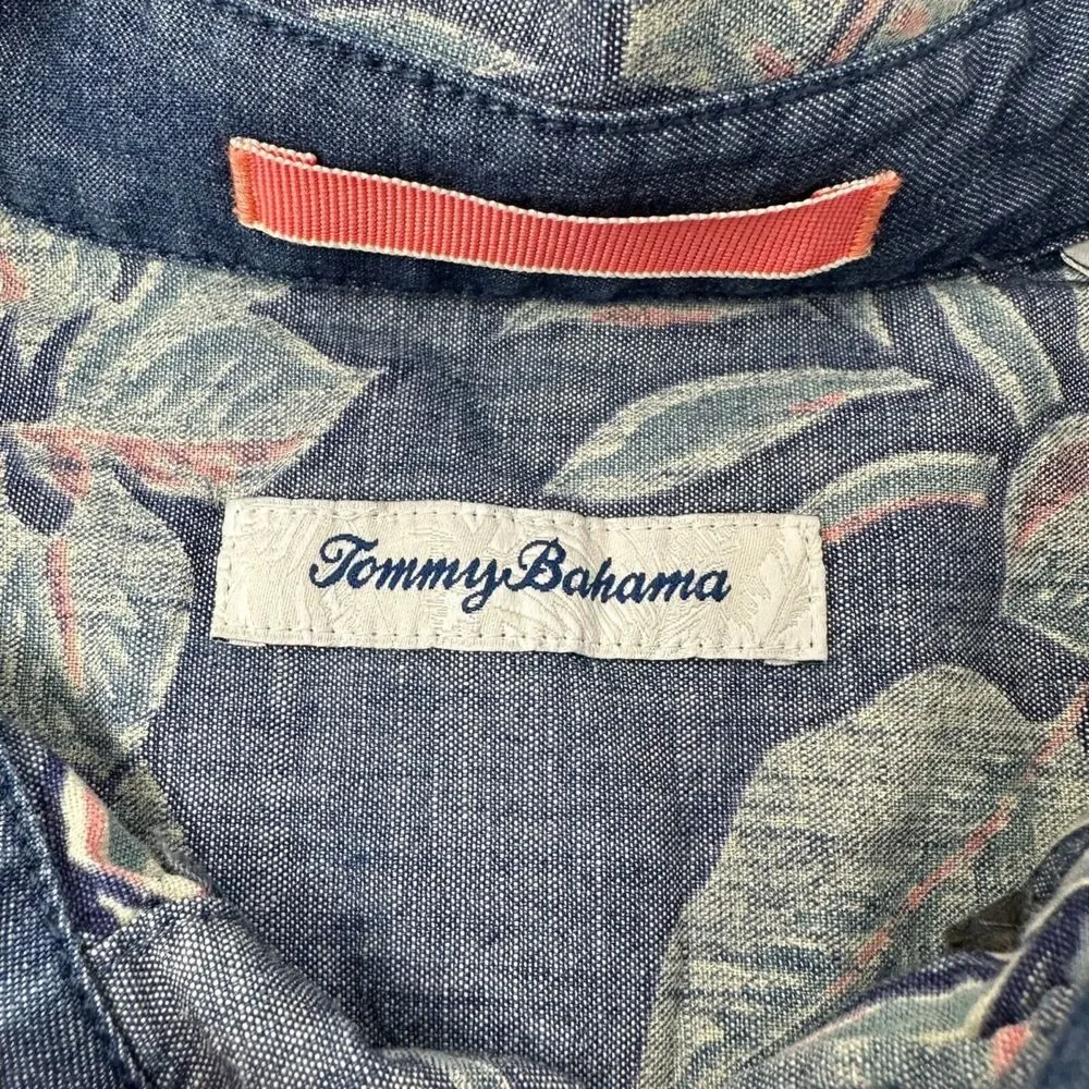 TOMMY BAHAMA Blue Pink‎ Hawaiian Tropical Cotton Short Sleeve Shirt Men's Medium
